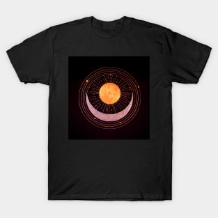 Sun and crescent moon gold silver on black T-Shirt